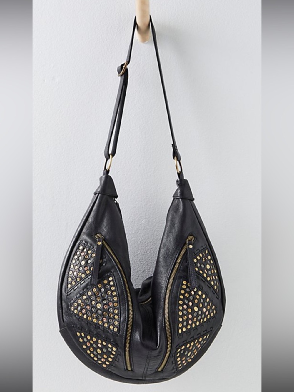 Free People west side studded Crescent Shoulder Bag. Black with Gold Accents